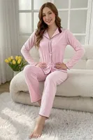 Toz Pembe Uzun Kollu Zarif Dantel Fiyonk Detaylı V Yaka Pijama Takımı Bella Notte 77399 Toz Pembe farklı açı