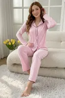Toz Pembe Uzun Kollu Zarif Dantel Fiyonk Detaylı V Yaka Pijama Takımı Bella Notte 77399 Toz Pembe detay görünüm