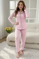Toz Pembe Uzun Kollu Zarif Dantel Fiyonk Detaylı V Yaka Pijama Takımı Bella Notte 77399 Toz Pembe görsel 4