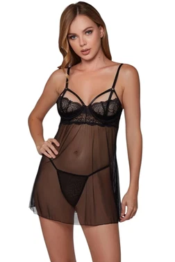 For Dreams Tül Dantel Detaylı Siyah Babydoll Gecelik For Dreams 9103