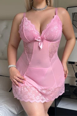 Real Passione Tül Dantelli Fiyonklu Büyük Beden Pembe Gecelik Real Passione 13136