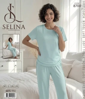 Tekten Turkuaz Mavi Kısa Kollu 0 Yaka Kadın Pijama Takım Selina 8700