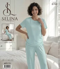 Tekten Turkuaz Mavi Kısa Kollu 0 Yaka Kadın Pijama Takım Selina 8700
