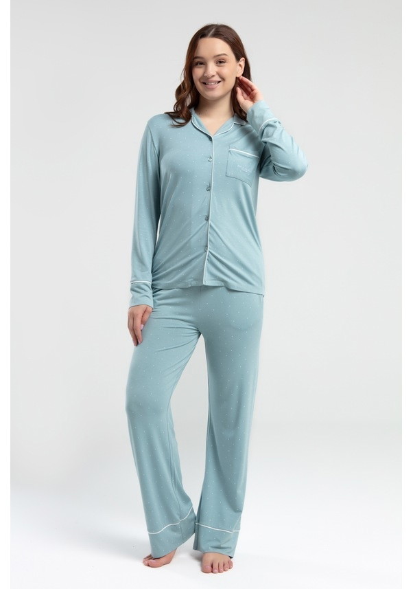 Uzun Kol Önden Düğmeli Kadın Pijama Takımı Derya Kurşun 8986