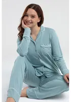 Uzun Kol Önden Düğmeli Kadın Pijama Takımı Derya Kurşun 8986 Mint farklı açı