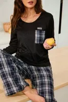 Uzun Kollu Lacivert Üst Ekose Kadın Çift Pijama Takımı Bella Notte CP-7563 Lacivert görsel 6