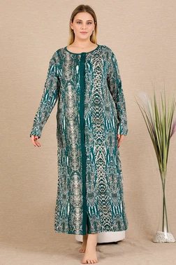 Lady Uzun Kollu Önden Düğmeli Yeşil Yılan Desenli Büyük Beden Elbise Lady 7288 - Alternatif Görünüm