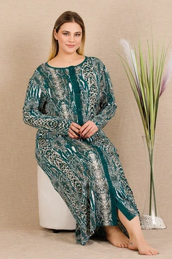 Lady Uzun Kollu Önden Düğmeli Yeşil Yılan Desenli Büyük Beden Elbise Lady 7288