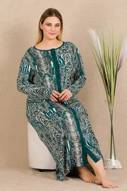 Lady Uzun Kollu Önden Düğmeli Yeşil Yılan Desenli Büyük Beden Elbise Lady 7288