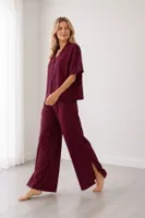 Viskon Bordo Çizgili Kısa Kollu Gömlek Yaka Bol Paça Pijama Takımı Bella Notte 60085 Bordo