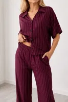 Viskon Bordo Çizgili Kısa Kollu Gömlek Yaka Bol Paça Pijama Takımı Bella Notte 60085 Bordo görsel 5