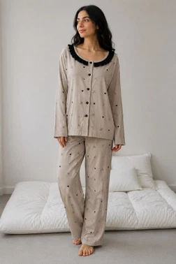 Viskon Dokuma Vizon Fiyonk ve Kalp Desenli Pijama Takımı Bella Notte 61285
