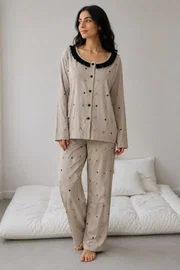 Viskon Dokuma Vizon Fiyonk ve Kalp Desenli Pijama Takımı Bella Notte 61285