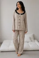 Viskon Dokuma Vizon Fiyonk ve Kalp Desenli Pijama Takımı Bella Notte 61285 Vizon
