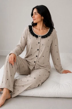 Viskon Dokuma Vizon Fiyonk ve Kalp Desenli Pijama Takımı Bella Notte 61285 - Alternatif Görünüm