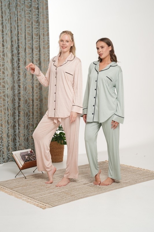 Viskon Kareli Boydan Kadın Pijama Takımı Bone Club 6137