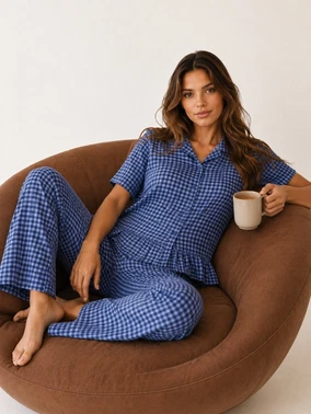 Viskon Lacivert Pötikare Pijama Takımı Bella Notte 61130