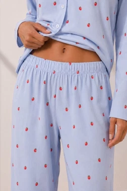 Viskon Mavi Çilek Desenli Uzun Kollu Pijama Takımı Bella Notte 77792 - Alternatif Görünüm