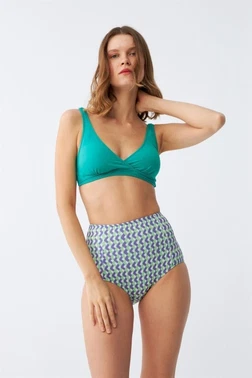 Yeşil Pedli Geometrik Desenli Yüksek Bel Bikini Takımı Akbeniz 35016