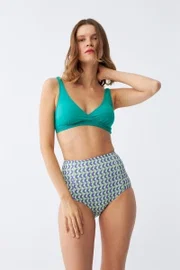 Yeşil Pedli Geometrik Desenli Yüksek Bel Bikini Takımı Akbeniz 35016