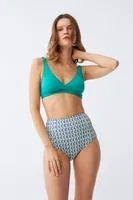 Yeşil Pedli Geometrik Desenli Yüksek Bel Bikini Takımı Akbeniz 35016 Yeşil