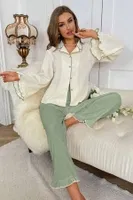 Yeşil Uzun Kollu V Yaka Fırfır Detaylı Pijama Takımı Bella Notte 77007 Bej görsel 6