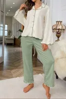 Yeşil Uzun Kollu V Yaka Fırfır Detaylı Pijama Takımı Bella Notte 77007 Bej görsel 4