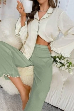 Yeşil Uzun Kollu V Yaka Fırfır Detaylı Pijama Takımı Bella Notte 77007 - Alternatif Görünüm