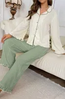 Yeşil Uzun Kollu V Yaka Fırfır Detaylı Pijama Takımı Bella Notte 77007 Bej görsel 5