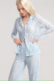 Zarif Dantel İşlemeli Düğmeli Kadın Pijama Takımı Akbeniz Mavi 5982