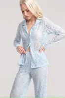 Zarif Dantel İşlemeli Düğmeli Kadın Pijama Takımı Akbeniz Mavi 5982 Mavi