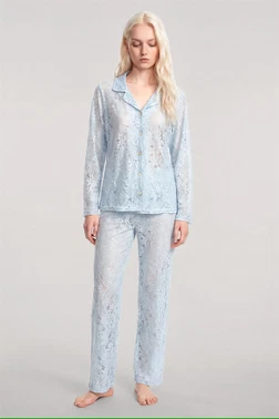 Zarif Dantel İşlemeli Düğmeli Kadın Pijama Takımı Akbeniz Mavi 5982 - Alternatif Görünüm