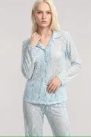 Zarif Dantel İşlemeli Düğmeli Kadın Pijama Takımı Akbeniz Mavi 5982 Mavi farklı açı