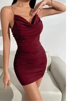 Zincir Detaylı Degaje Yakalı Arkası Büzgülü Kısa Esnek Elbise Bordo Real Passione E1067 Bordo görsel 5