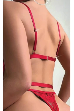 Zincir Detaylı Jartiyer Bantlı Dantel Kırmızı Fantezi Body NightLight 3901 - Alternatif Görünüm