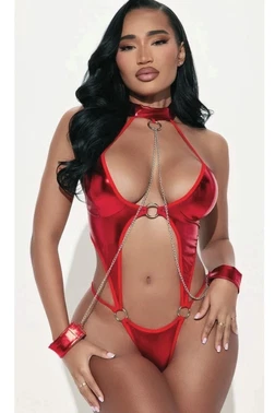 Zincirli Kelepçeli Lake Görünümlü Kırmızı Fantezi Body NightLight 3818-1