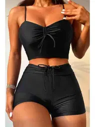 Angelsin Önden Ayarlı Büzgülü Deniz Şortlu Tankini Bikini Takım Siyah Angelsin MS4332