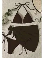 Pareolu Bağlamalı 3'lü Bikini Takım Set (Çıkartılabilir Kaplı) Angelsin MS4094-1012 Siyah detay görünüm