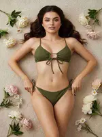 Angelsin Rib Dokulu Ön ve Yan Bağcık Detaylı İpli Brezilya Bikini Takımı Yeşil MS4500-Yeşil Yeşil görsel 5