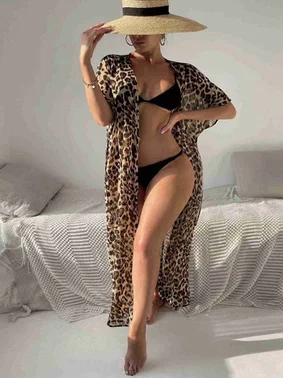 Angelsin Angelsin Şifon Uzun Önden Bağlamalı Leopar Plaj Elbisesi Pareo Kimono Çok Renkli - MS4364-Çok Renkli - Alternatif Görünüm
