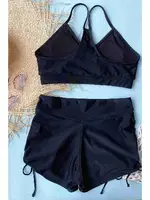 Yanlardan Ayarlı Büzgülü Deniz Şortlu Tankini Bikini Takım Siyah Angelsin MS4330-Siyah Siyah detay görünüm