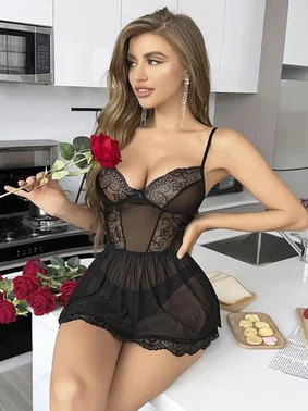 NightLight Askılı Tül Siyah Fantazi Gecelik Nightlight 7067