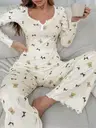 Ayıcık ve Fiyonk Desenli Yumuşak Pamuklu Uzun Pijama Takımı Ruselin 5129