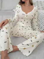 Ayıcık ve Fiyonk Desenli Yumuşak Pamuklu Uzun Pijama Takımı Ruselin 5129 Ekru farklı açı