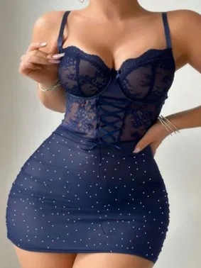 Real Passione Bağcıklı Dantelli Lacivert Fantazi Elbise Gecelik Real Passione 4080