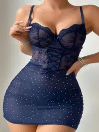 Real Passione Bağcıklı Dantelli Lacivert Fantazi Elbise Gecelik Real Passione 4080