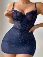 Bağcıklı Dantelli Lacivert Fantazi Elbise Gecelik Real Passione 4080 Lacivert