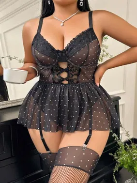 Lily Bianca Baştan Çıkarıcı Büyük Beden Transparan Dantelli Puantiyeli Fantazi Jartiyer Takım Lily Bianca LB-264