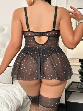 Lily Bianca Baştan Çıkarıcı Büyük Beden Transparan Dantelli Puantiyeli Fantazi Jartiyer Takım Lily Bianca LB-264 - Alternatif Görünüm