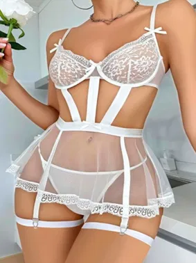 Ruselin Beyaz Etekli Bacak Bantlı Tül Fantezi Gecelik Ruselin 2047